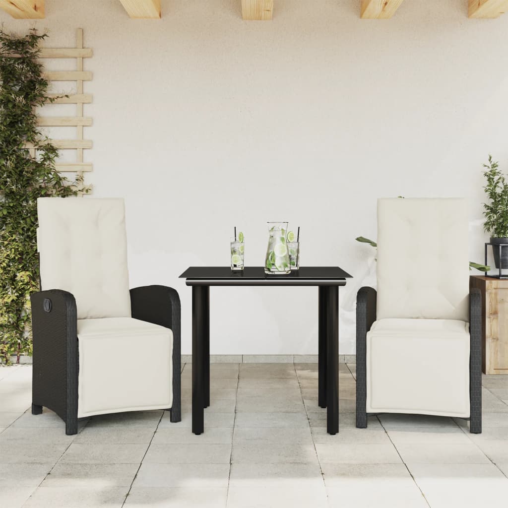 Set da BistrÃ² 3 pz con Cuscini Nero in Polyrattan