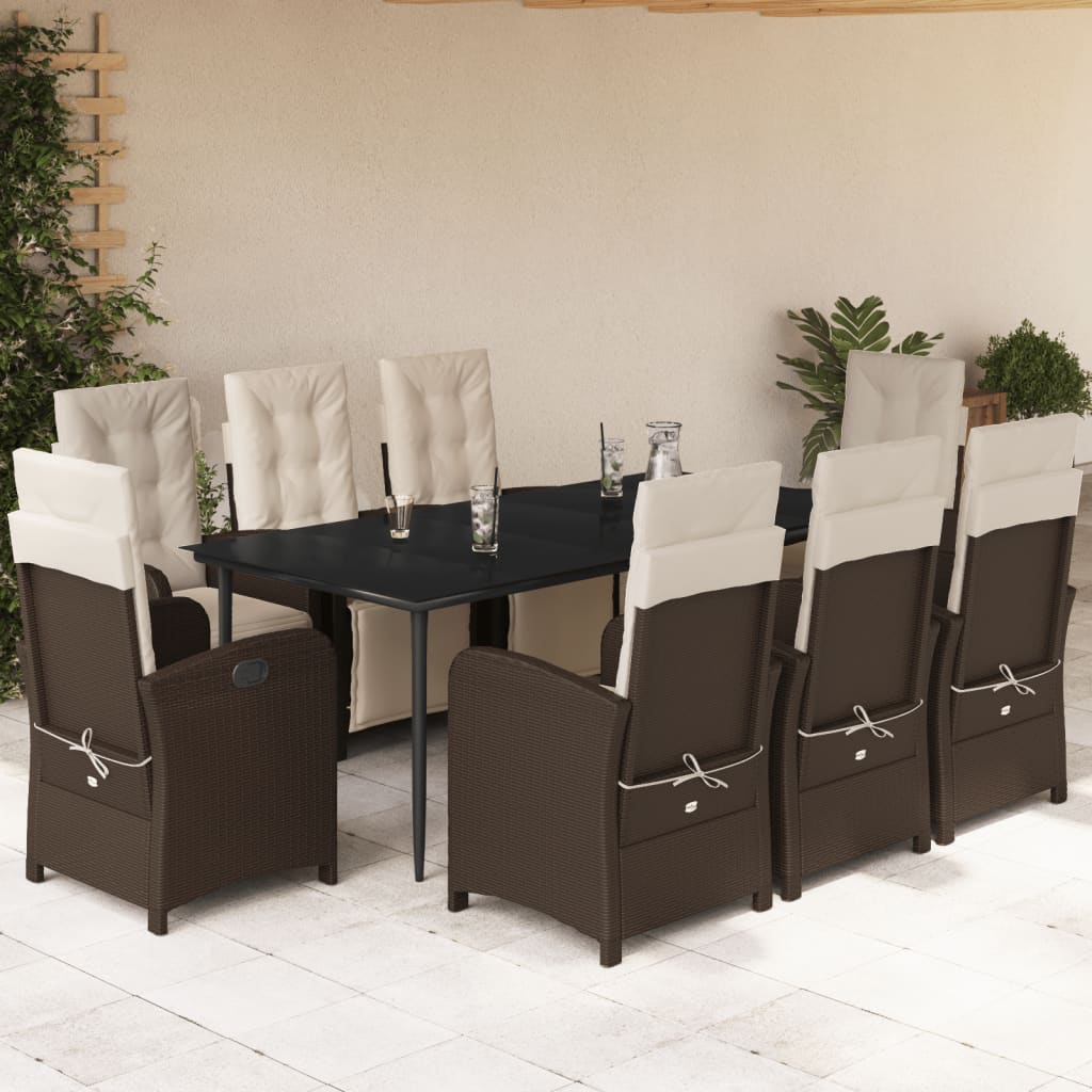 Set da Pranzo da Giardino 9pz con Cuscini Marrone in Polyrattan