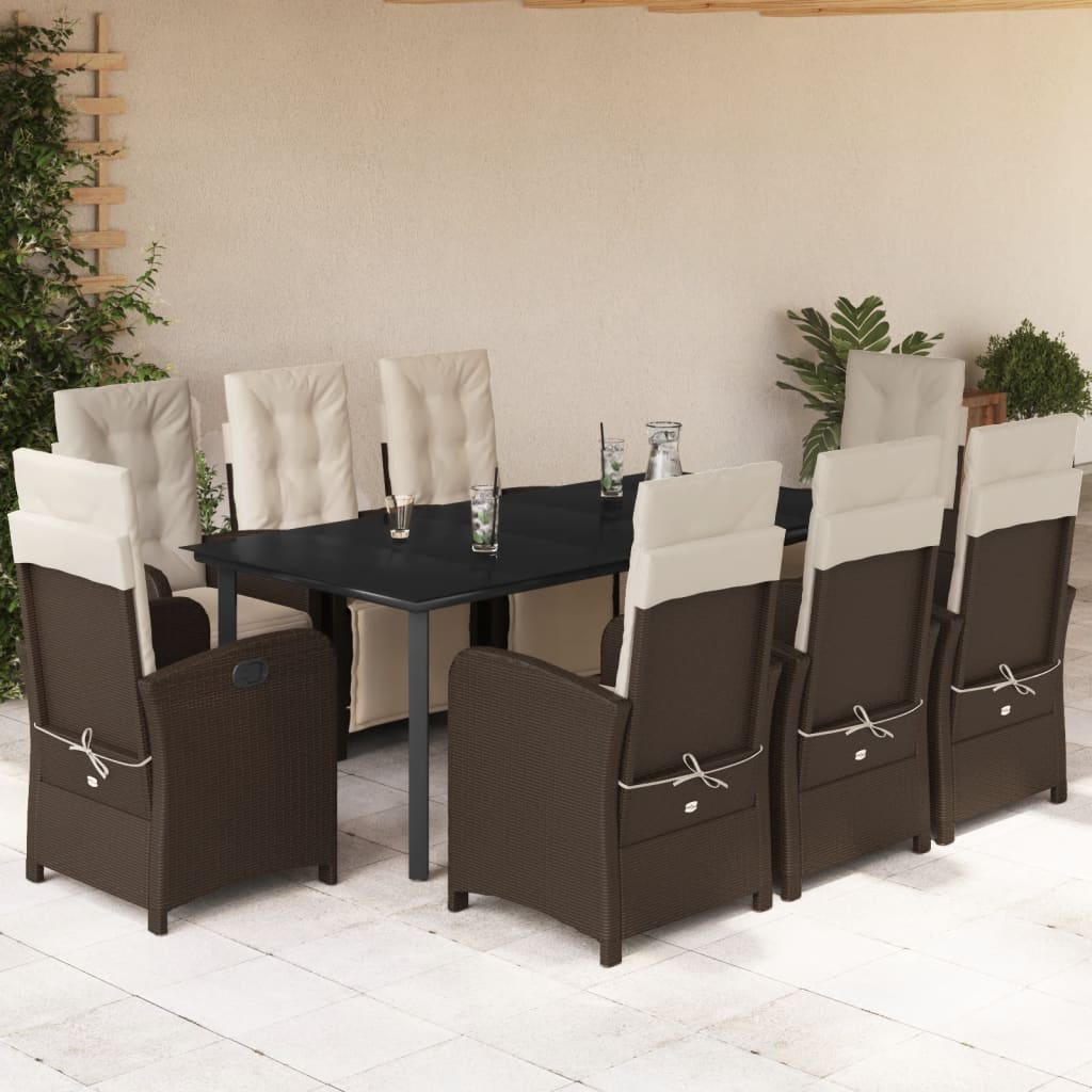 Set da Pranzo da Giardino 9pz con Cuscini Marrone in Polyrattan