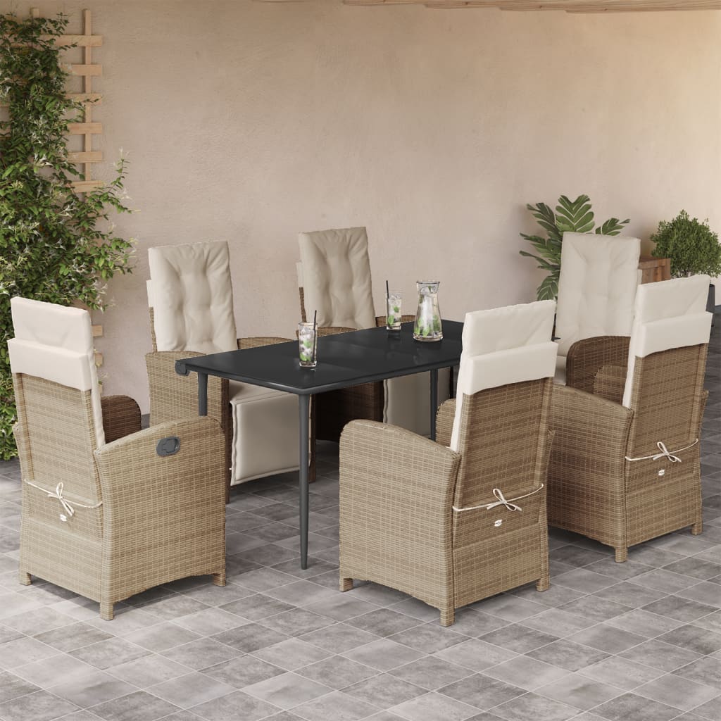 Set da Pranzo da Giardino 7 pz con Cuscini Beige in Polyrattan