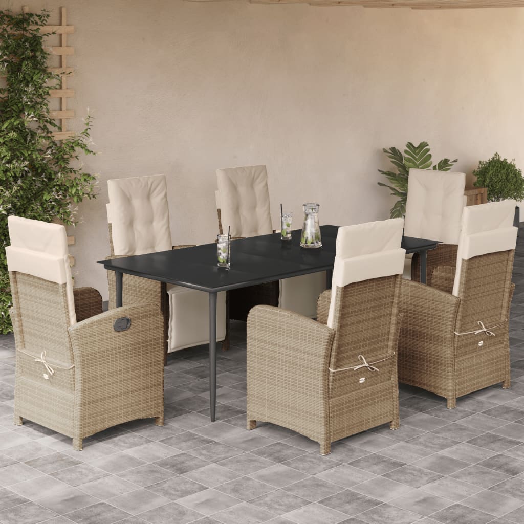 Set da Pranzo da Giardino 7 pz con Cuscini Beige in Polyrattan