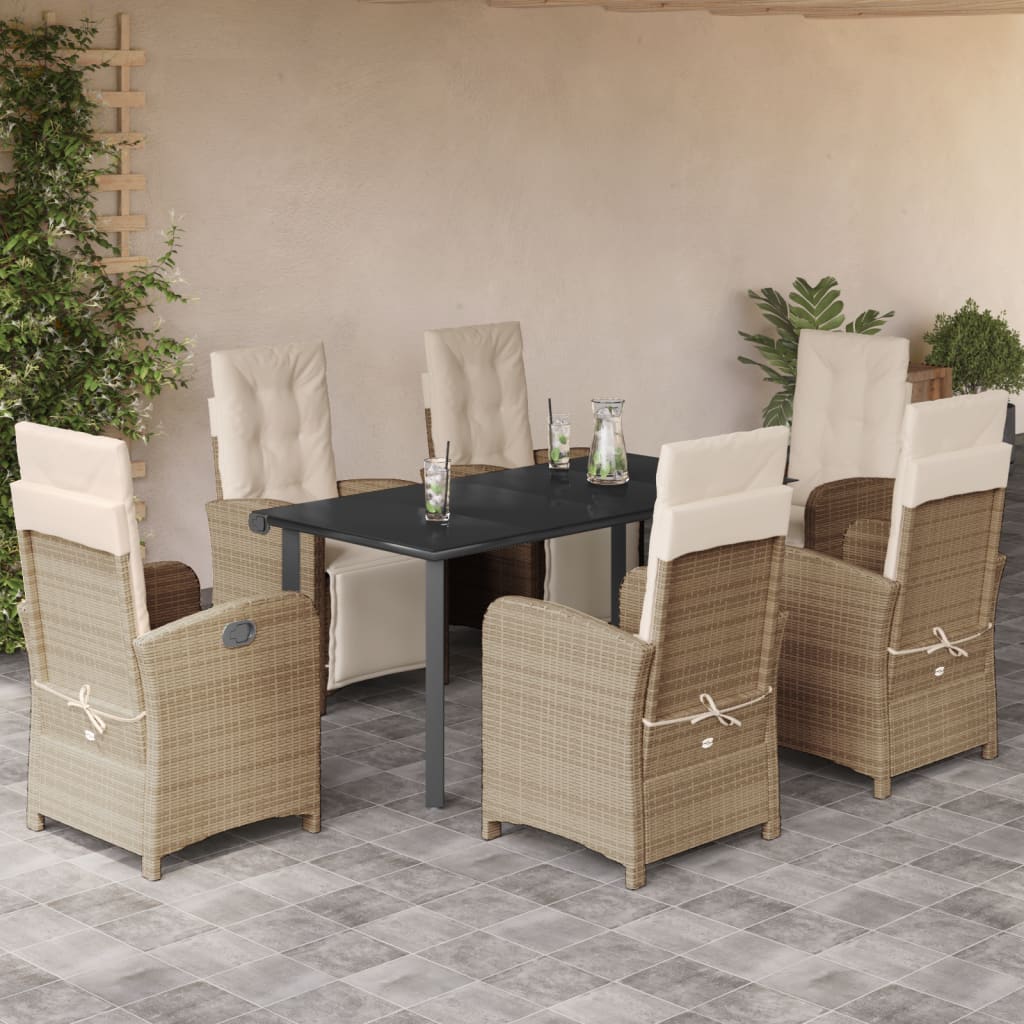 Set da Pranzo da Giardino 7 pz con Cuscini Beige in Polyrattan