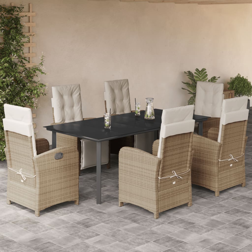 Set da Pranzo da Giardino 7 pz con Cuscini Beige in Polyrattan