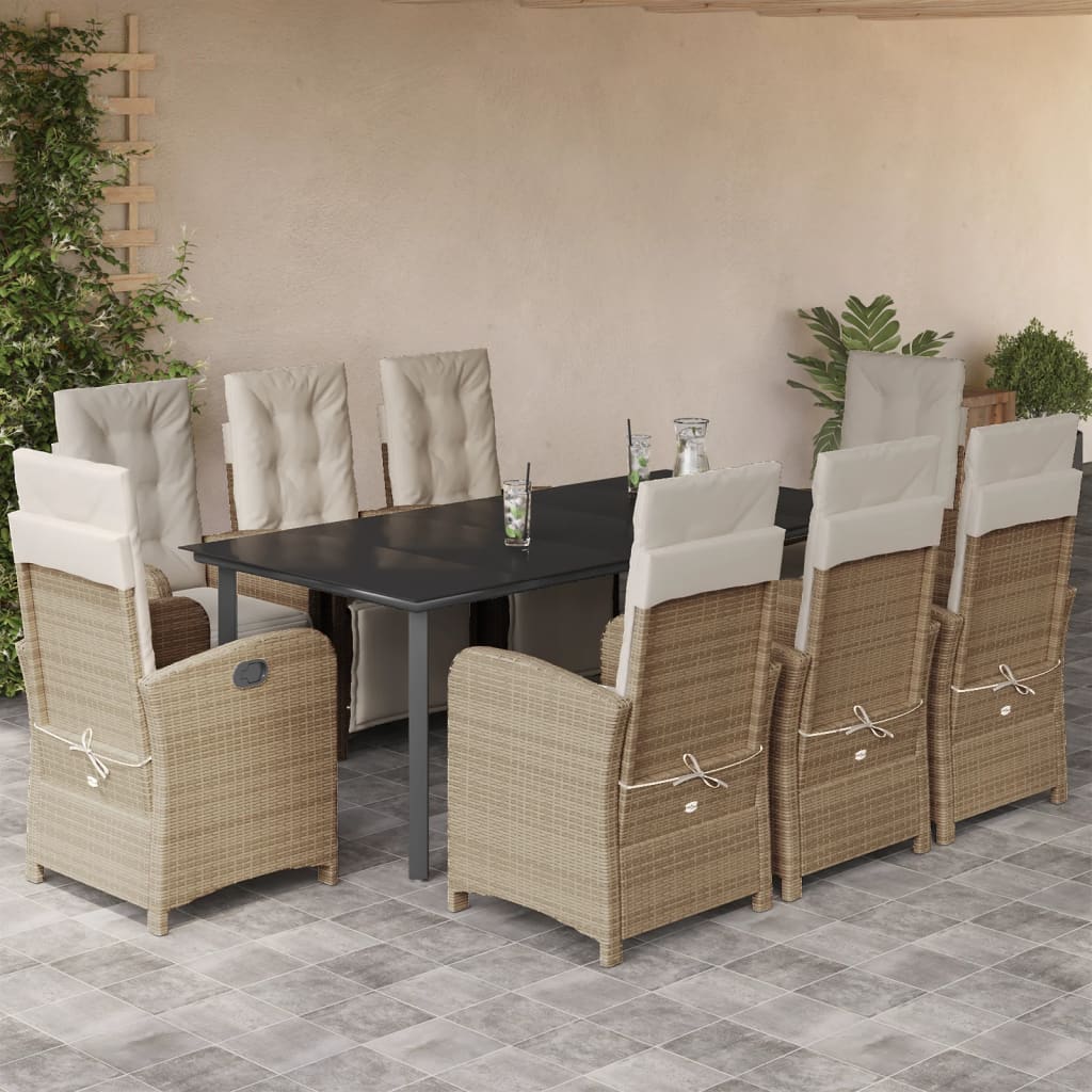 Set da Pranzo da Giardino 9 pz con Cuscini Beige in Polyrattan