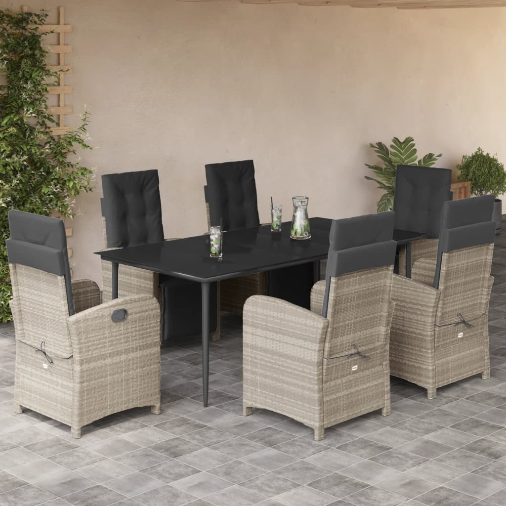 Set da Pranzo da Giardino 7 pz Cuscini Polyrattan Grigio Chiaro