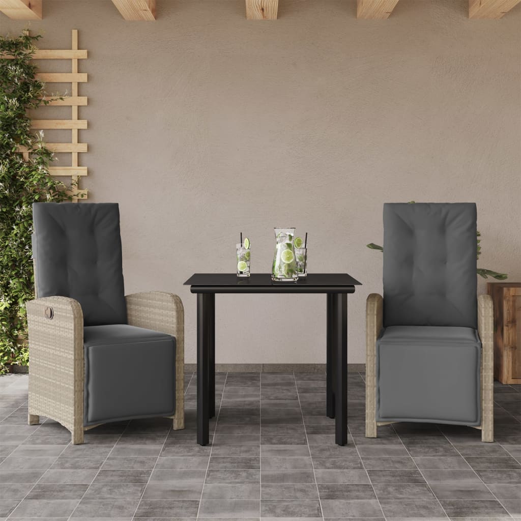 Set da BistrÃ² 3 pz con Cuscini Grigio Chiaro in Polyrattan