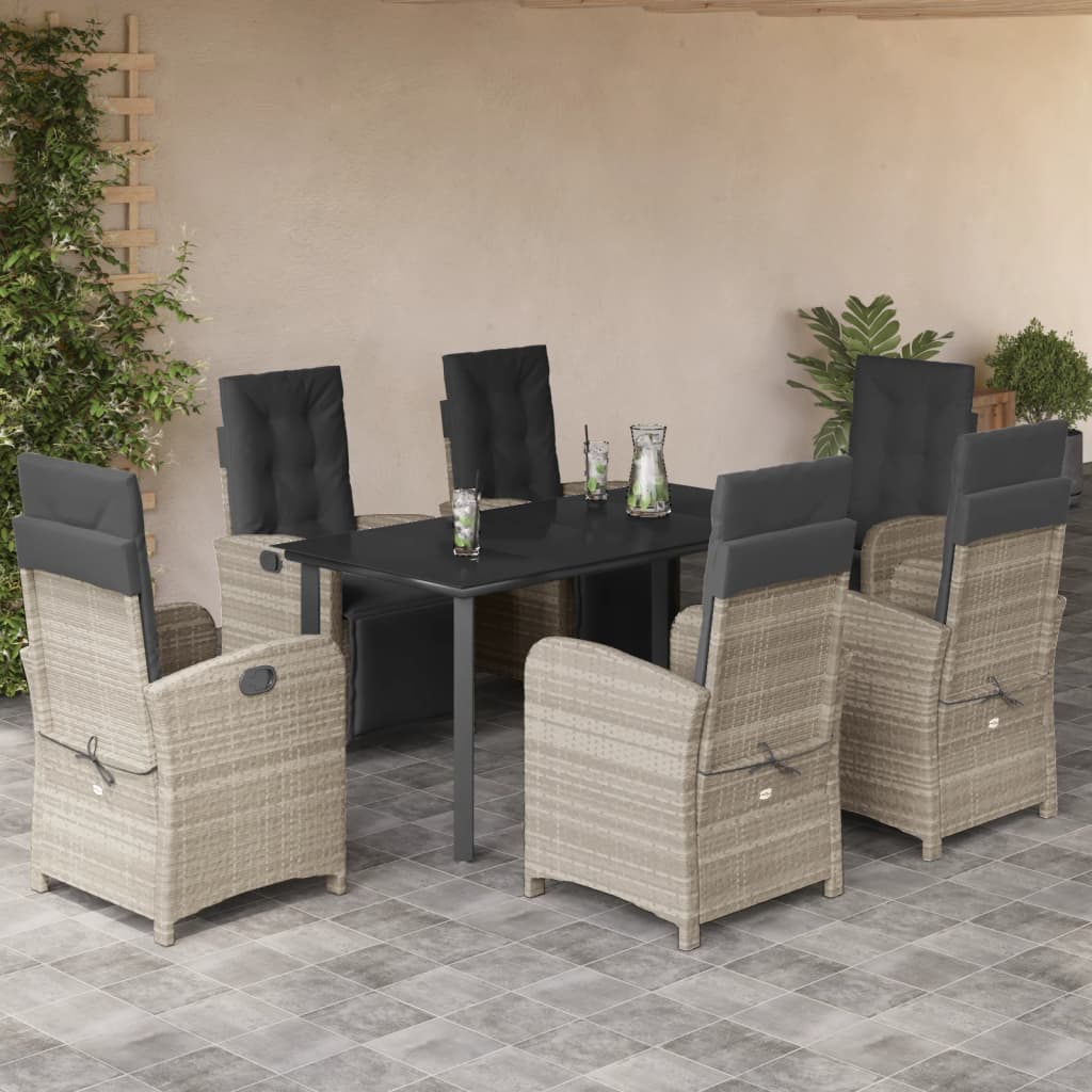 Set da Pranzo da Giardino 7 pz Cuscini Polyrattan Grigio Chiaro