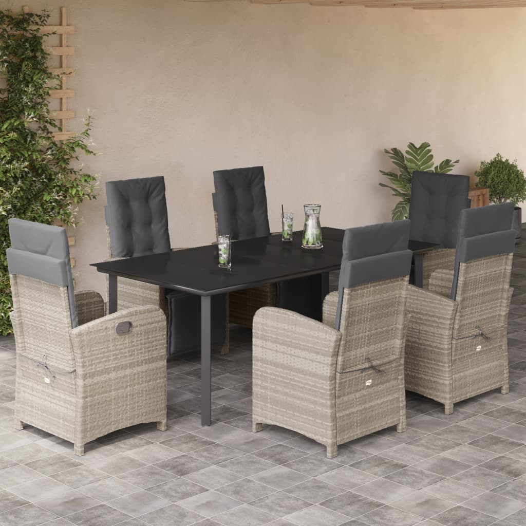 Set da Pranzo da Giardino 7 pz Cuscini Polyrattan Grigio Chiaro