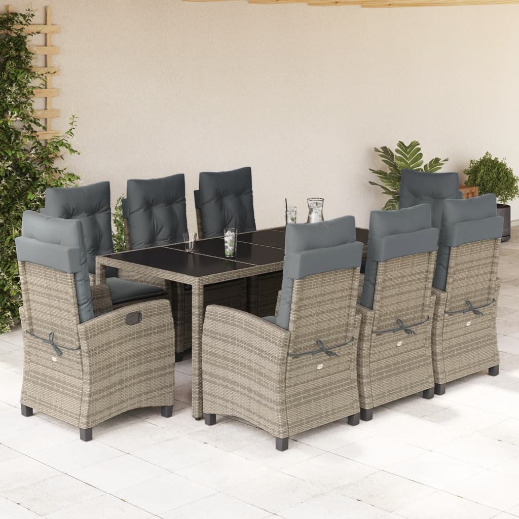Set da Pranzo da Giardino 9 pz con Cuscini in Polyrattan Grigio