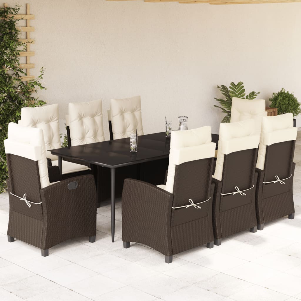 Set da Pranzo da Giardino 9pz con Cuscini Marrone in Polyrattan