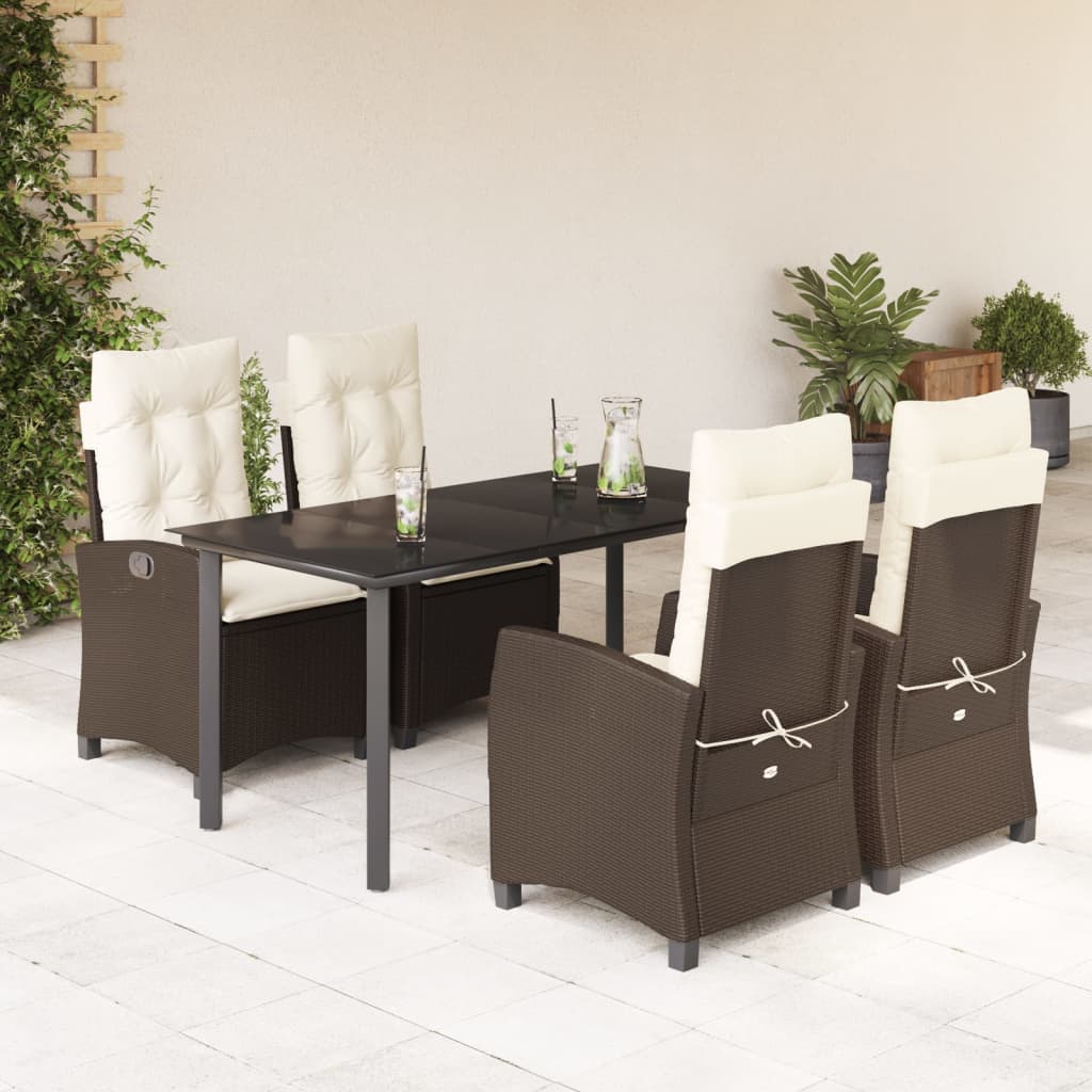 Set da Pranzo da Giardino 5pz con Cuscini in Polyrattan Marrone