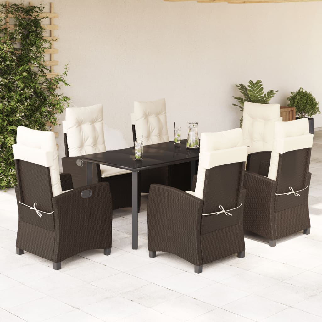Set da Pranzo da Giardino 7pz con Cuscini in Polyrattan Marrone