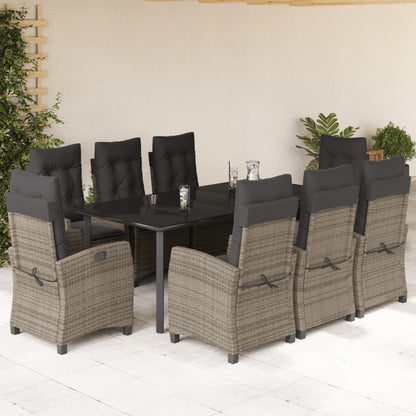 Set da Pranzo da Giardino 9 pz con Cuscini in Polyrattan Grigio