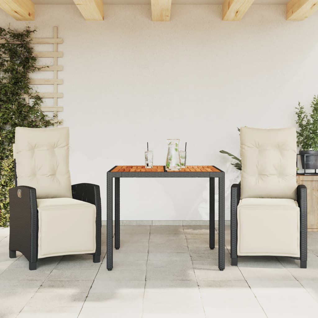 Set da Pranzo da Giardino 3 pz con Cuscini Nero in Polyrattan