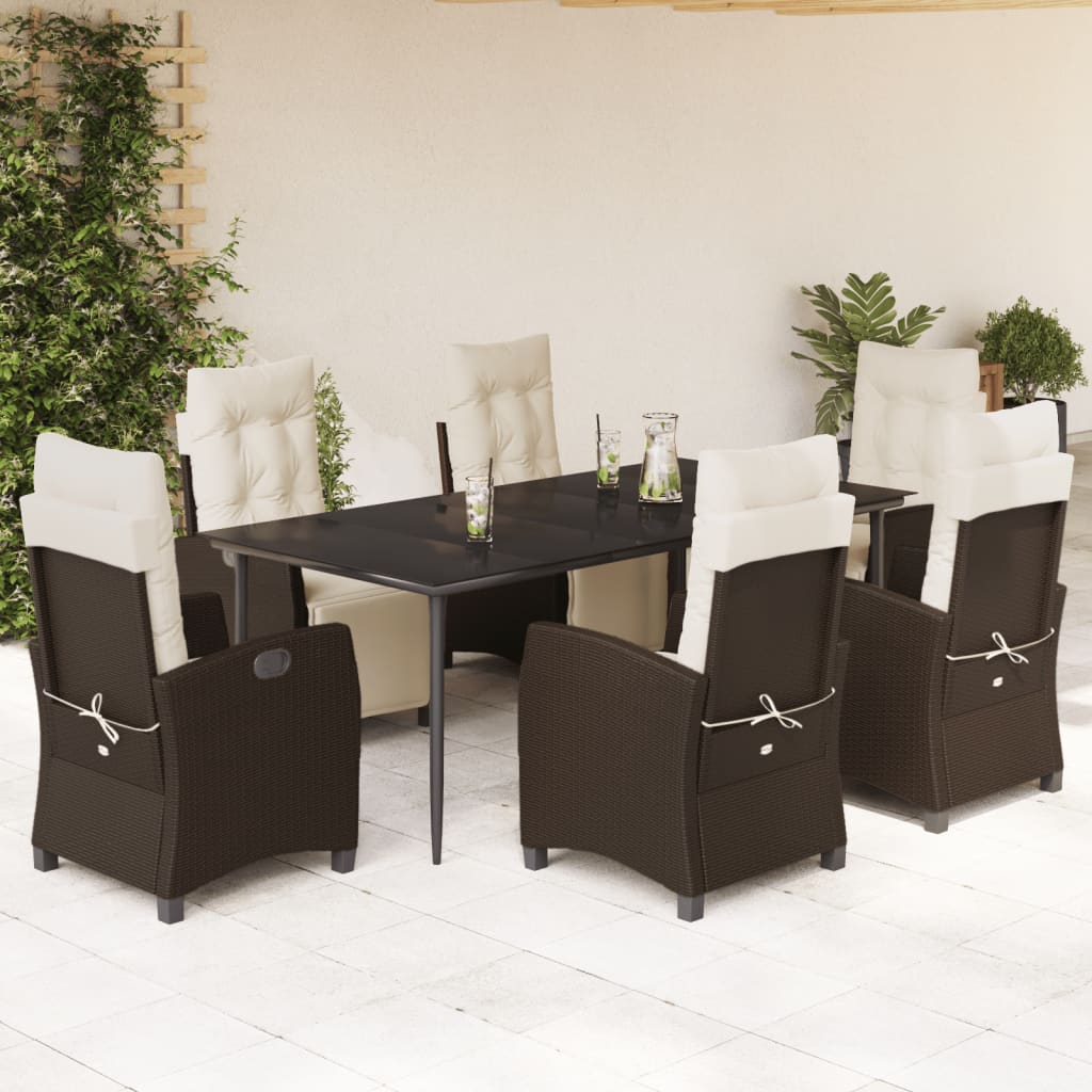Set da Pranzo da Giardino 7pz con Cuscini in Polyrattan Marrone