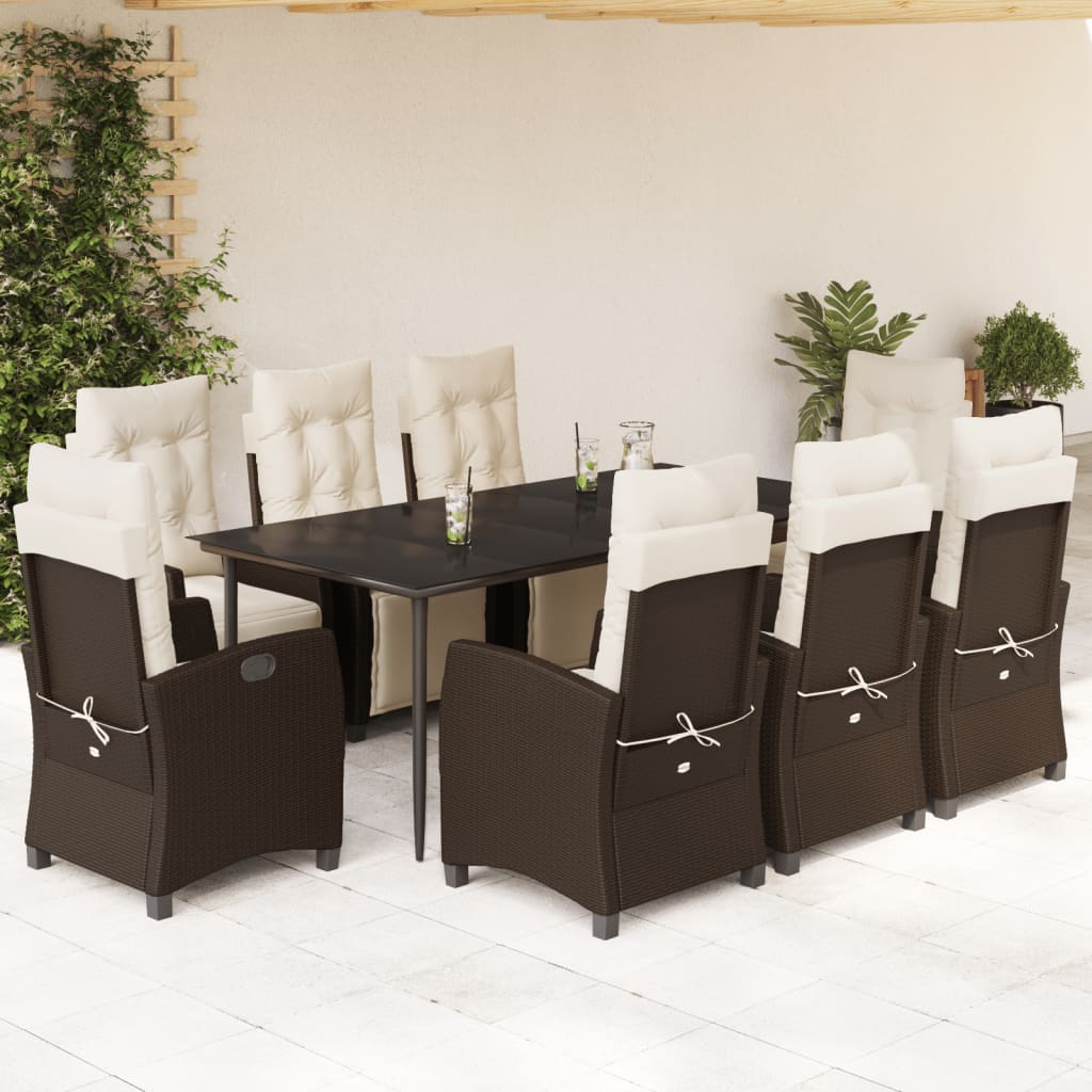 Set da Pranzo da Giardino 9pz con Cuscini Marrone in Polyrattan