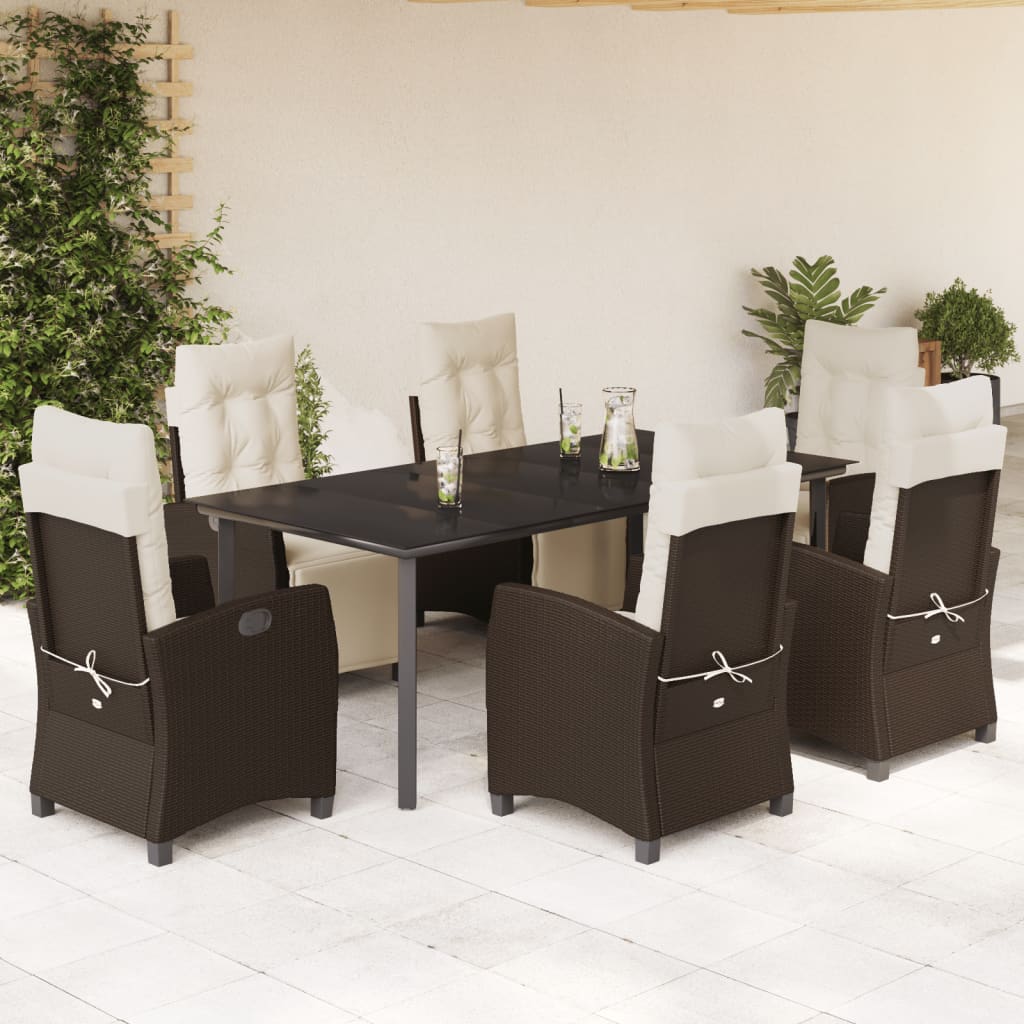 Set da Pranzo da Giardino 7pz con Cuscini in Polyrattan Marrone