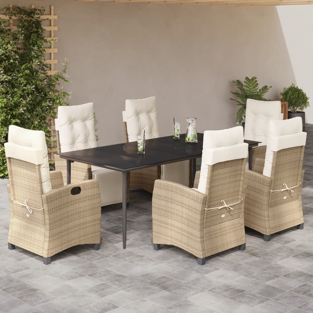 Set da Pranzo da Giardino 7 pz con Cuscini Beige in Polyrattan