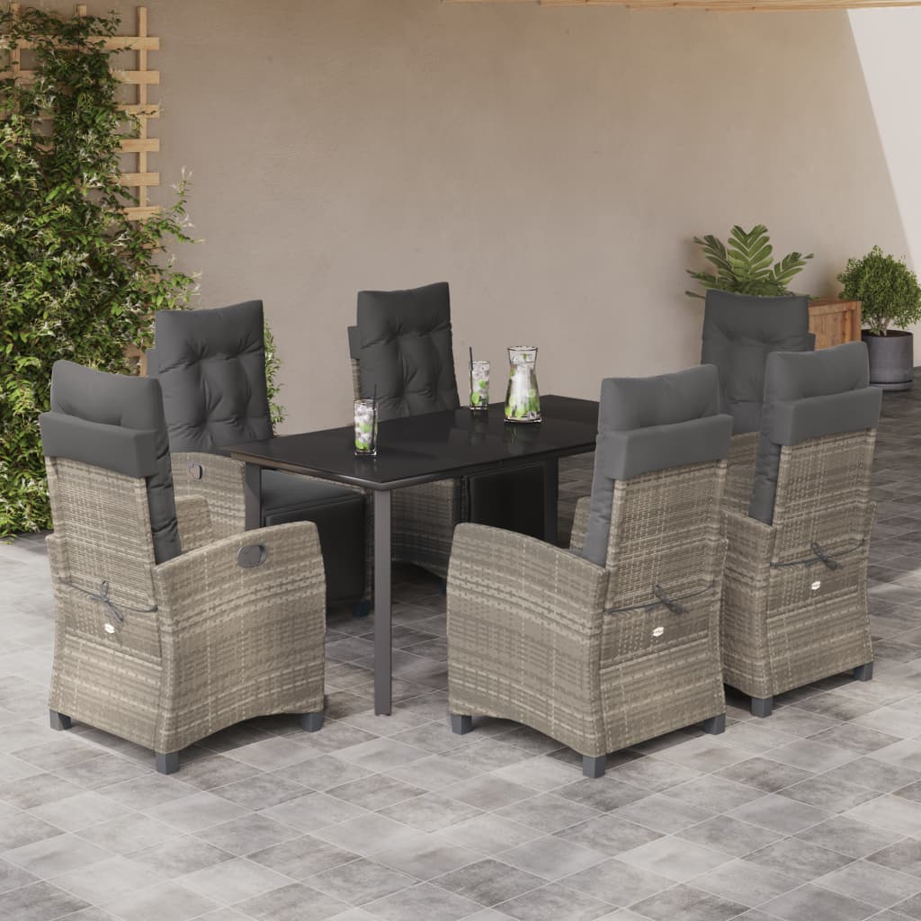 Set da Pranzo da Giardino 7 pz Cuscini Polyrattan Grigio Chiaro