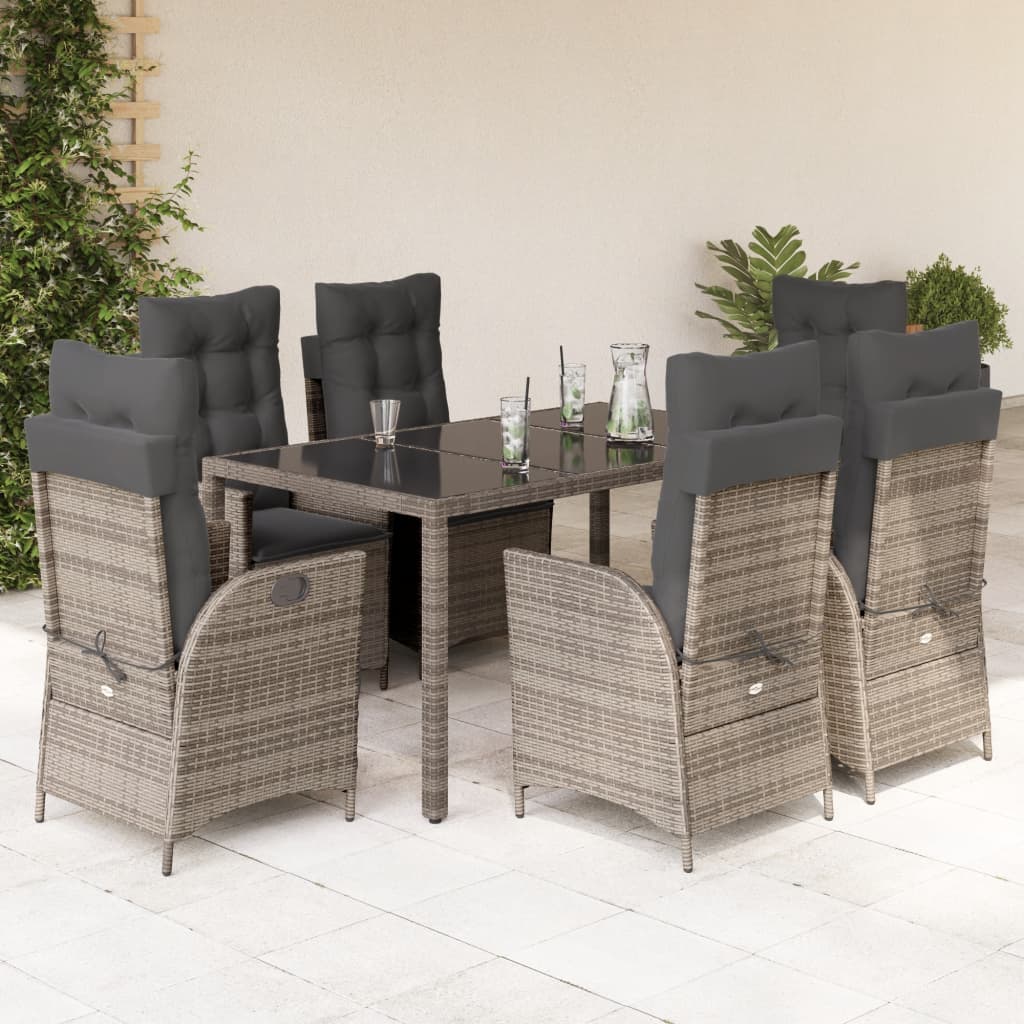 Set da Pranzo da Giardino 7 pz con Cuscini in Polyrattan Grigio