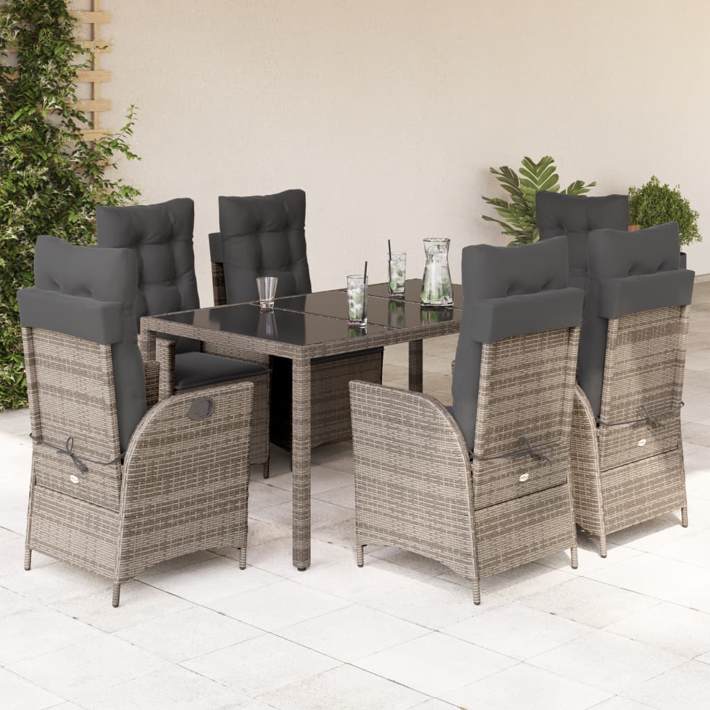 Set da Pranzo da Giardino 7 pz con Cuscini in Polyrattan Grigio
