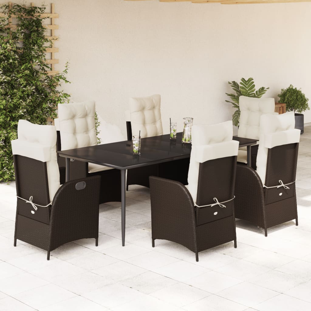Set da Pranzo da Giardino 7pz con Cuscini in Polyrattan Marrone