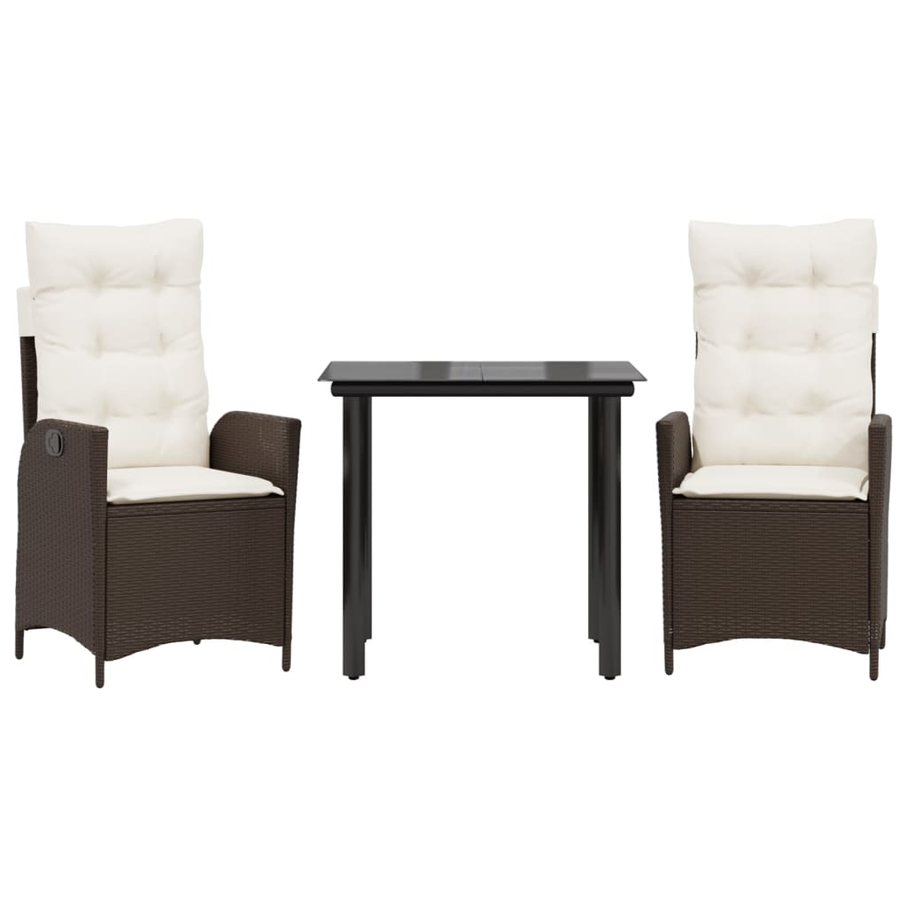 Set da Pranzo da Giardino 3pz con Cuscini in Polyrattan Marrone