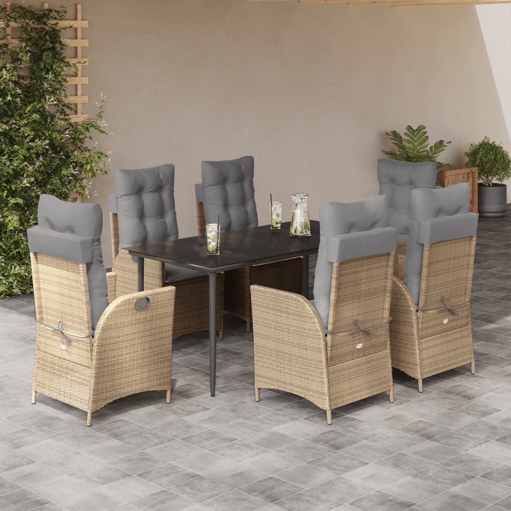 Set da Pranzo da Giardino 7 pz con Cuscini Beige in Polyrattan