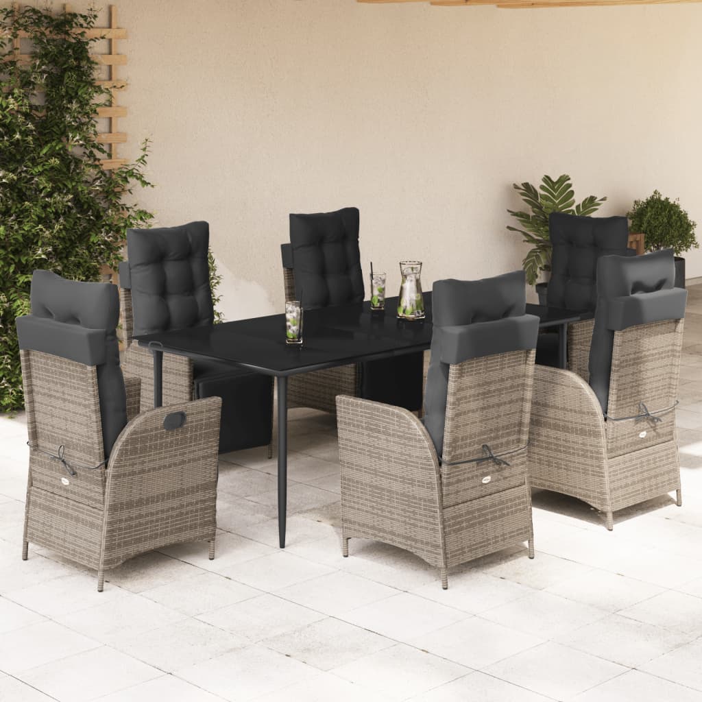 Set da Pranzo da Giardino 7 pz con Cuscini in Polyrattan Grigio