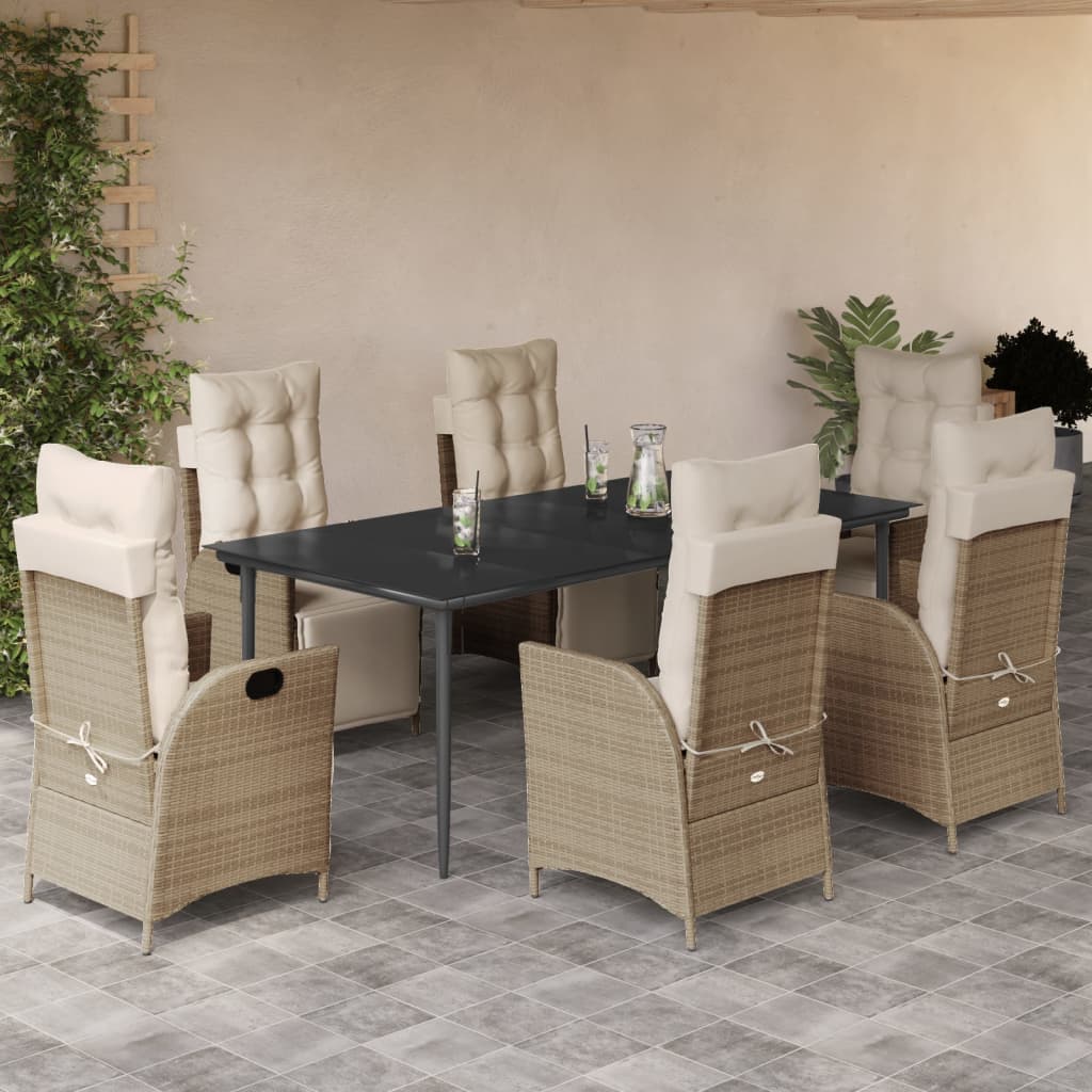 Set da Pranzo da Giardino 7 pz con Cuscini Beige in Polyrattan
