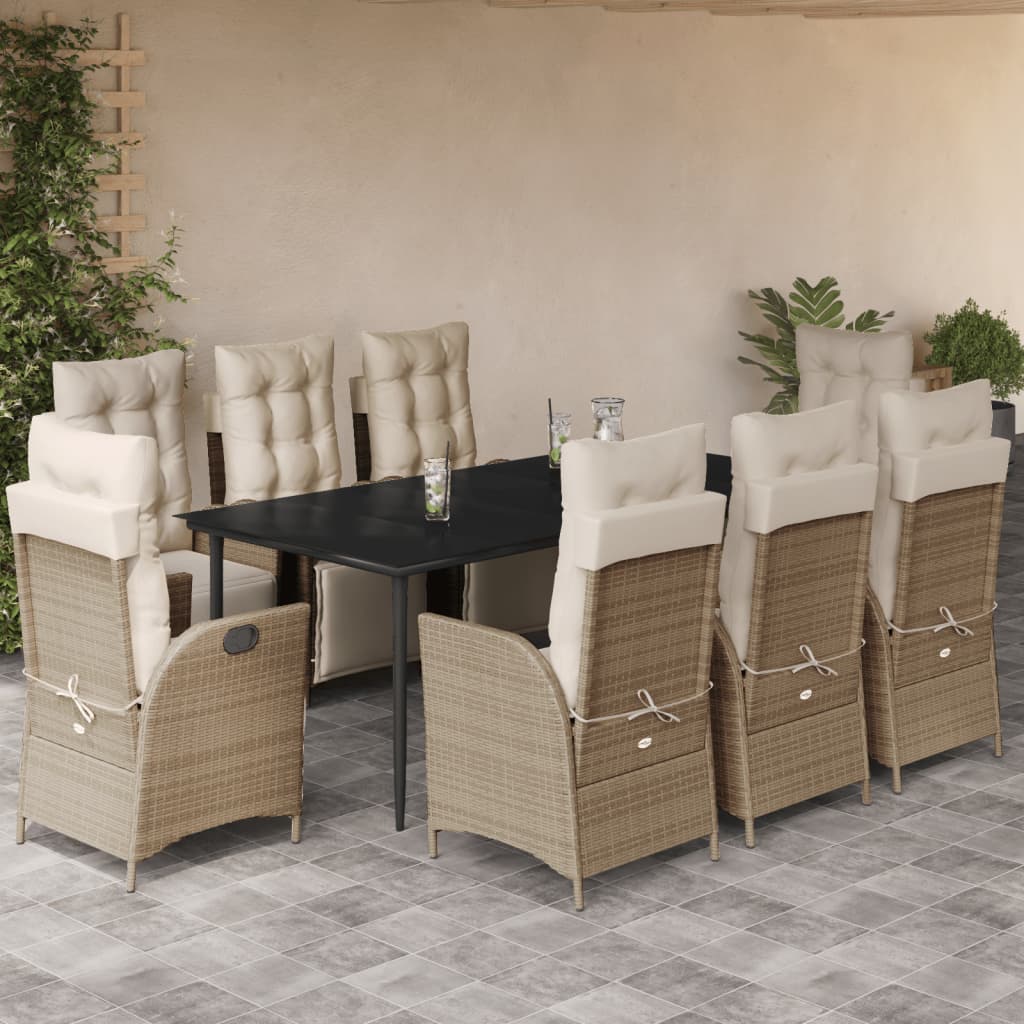 Set da Pranzo da Giardino 9 pz con Cuscini Beige in Polyrattan