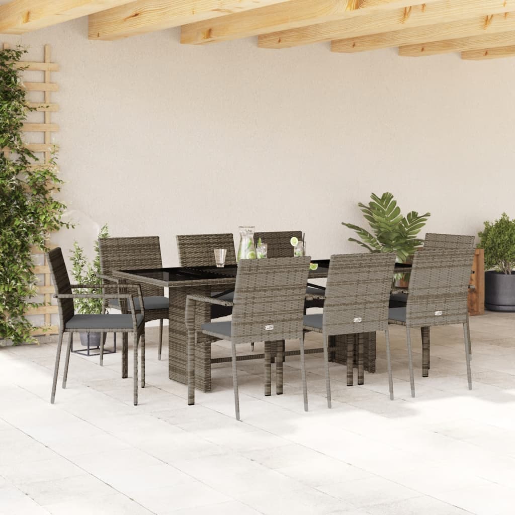 Set da Pranzo da Giardino 9 pz con Cuscini in Polyrattan Grigio
