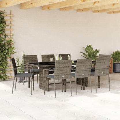 Set da Pranzo da Giardino 9 pz con Cuscini in Polyrattan Grigio