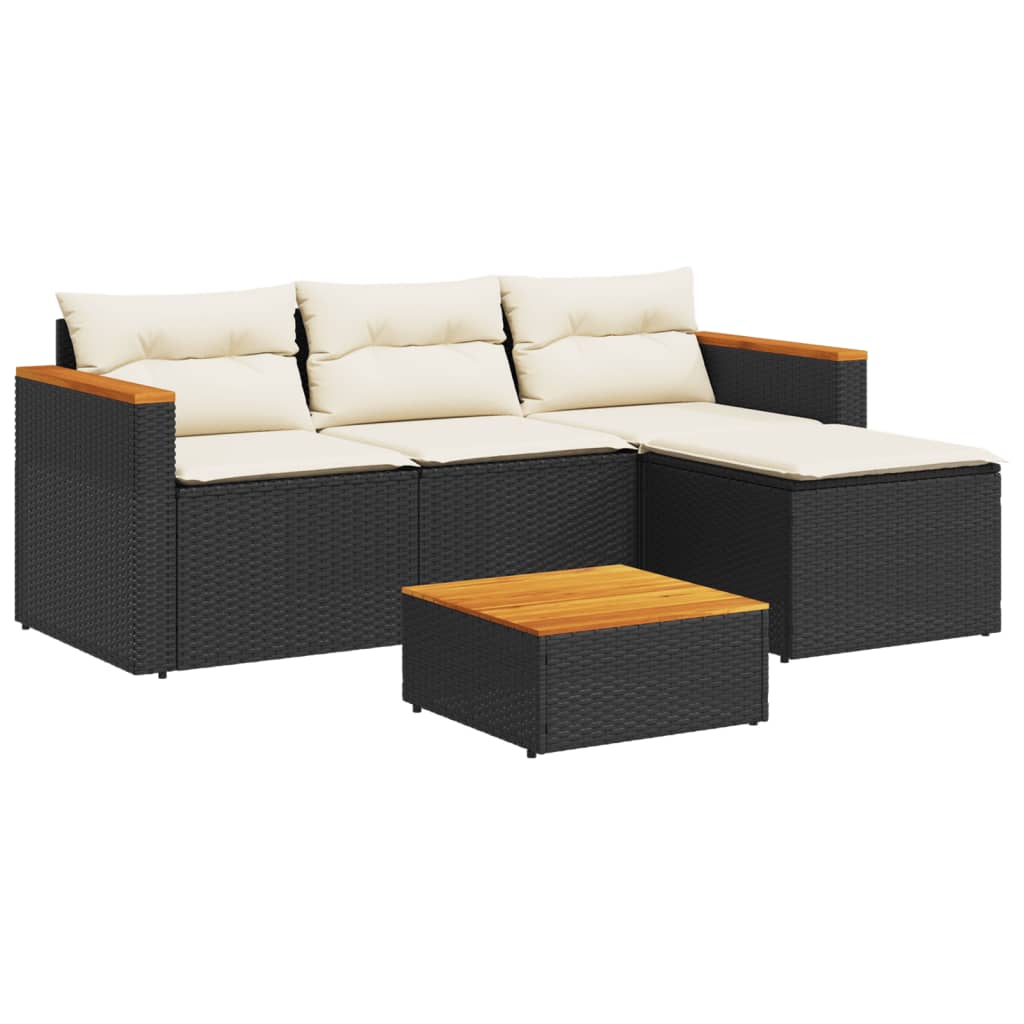 Set Divani da Giardino 5 pz con Cuscini Nero Polyrattan Acacia