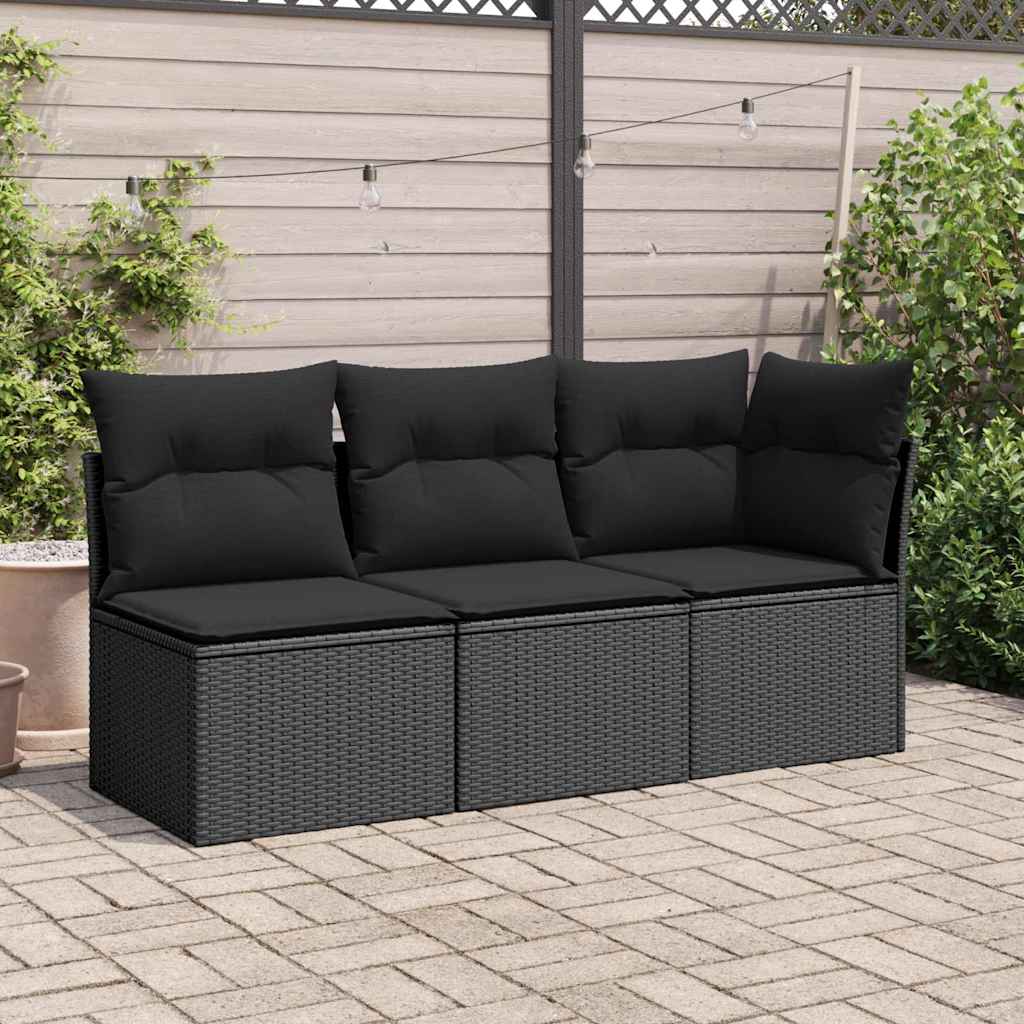 Divano da giardino senza braccioli con cuscini nero in polyrattan