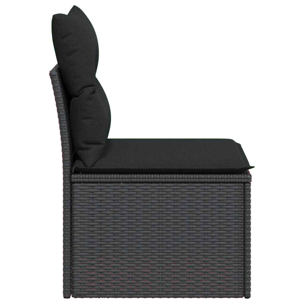 Divano da giardino senza braccioli con cuscini nero in polyrattan