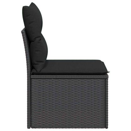 Divano da giardino senza braccioli con cuscini nero in polyrattan
