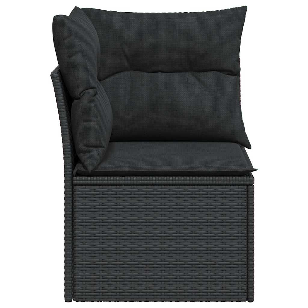 Divano da giardino angolare con cuscini nero in polyrattan