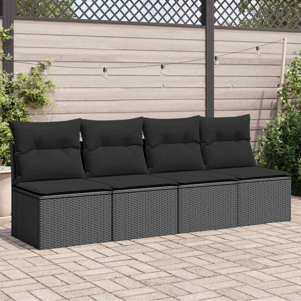Divano da giardino con cuscini 4 posti nero in polyrattan