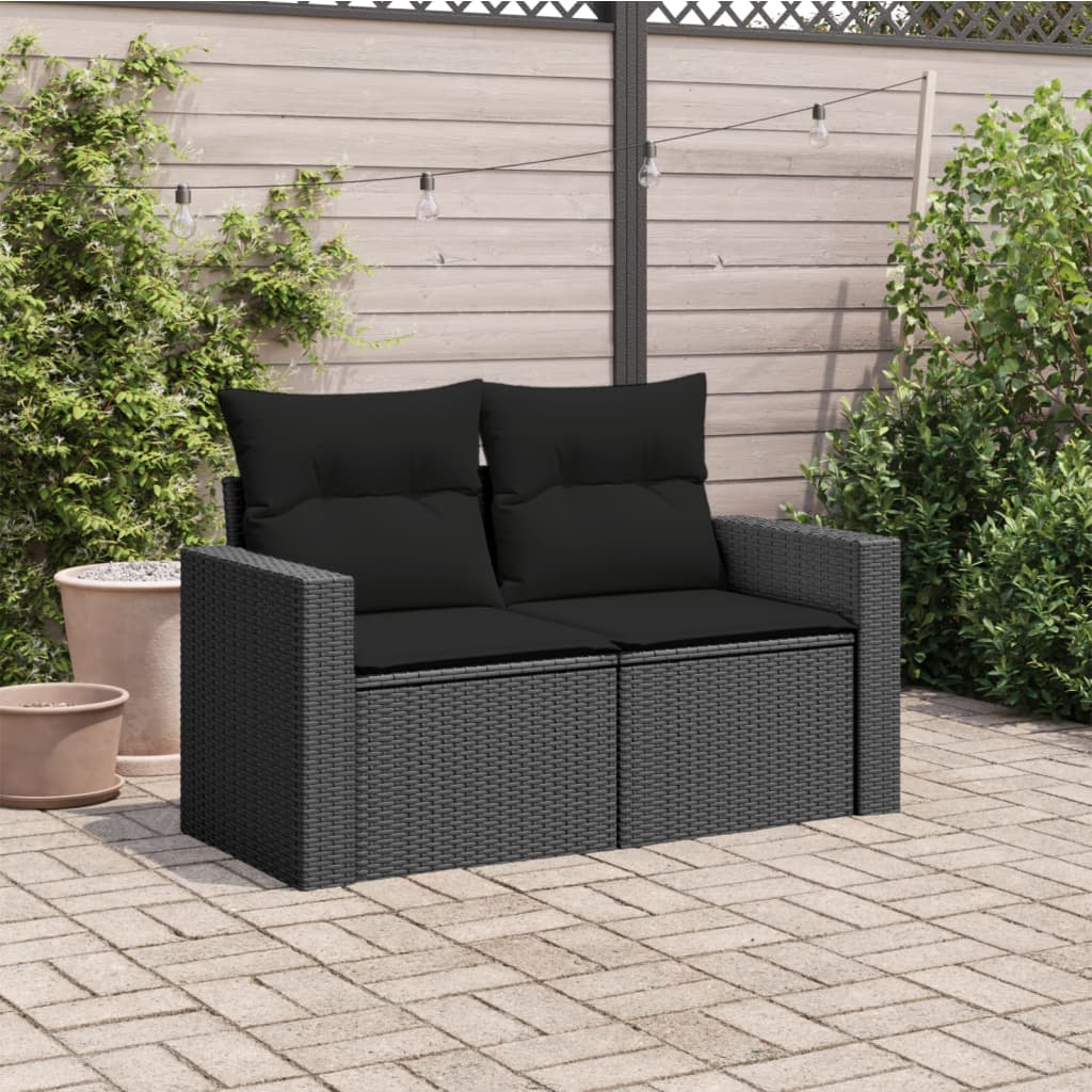 Divano da giardino con cuscini 2 posti nero in polyrattan