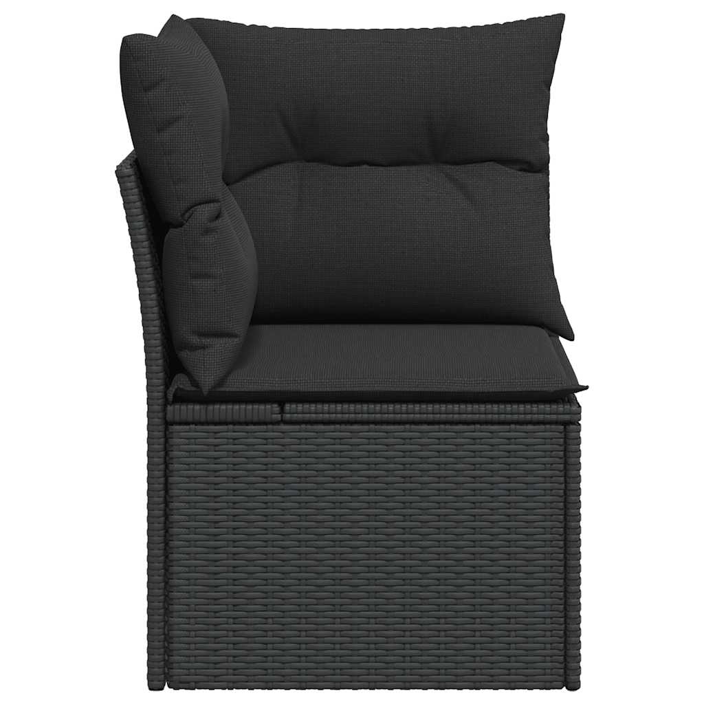 Divano da giardino angolare con cuscini nero in polyrattan