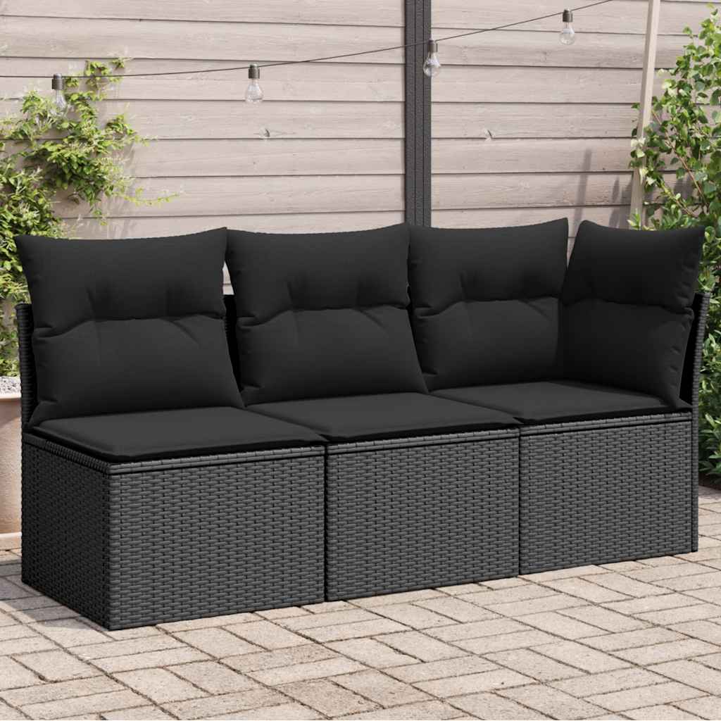 Divano da giardino con cuscini 3 posti nero in polyrattan