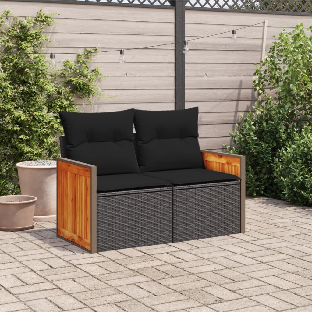 Divano da giardino con cuscini 2 posti nero in polyrattan