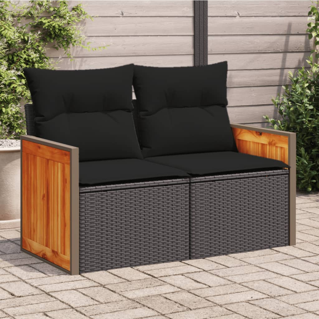 Divano da giardino con cuscini 2 posti nero in polyrattan