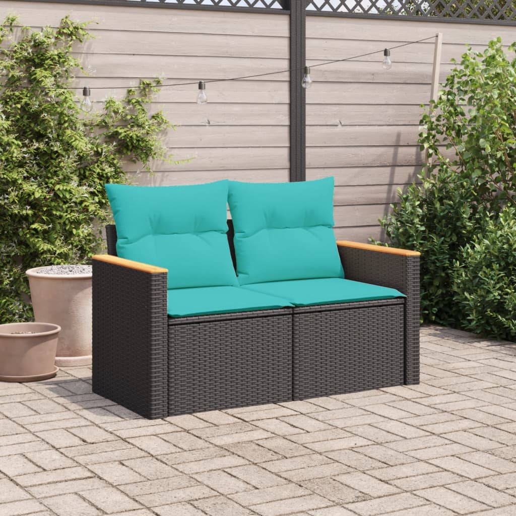 Divano da giardino con cuscini 2 posti nero in polyrattan