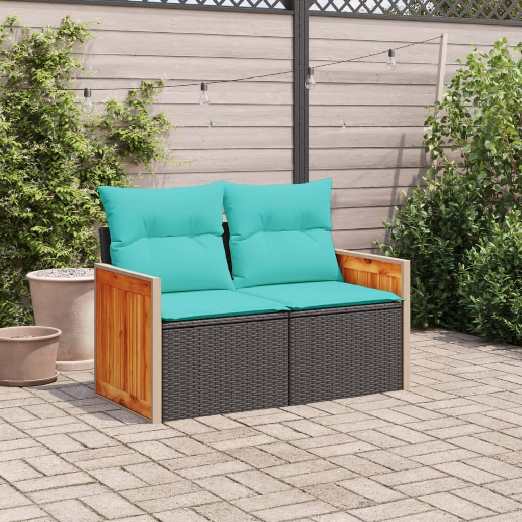 Divano da giardino con cuscini 2 posti nero in polyrattan
