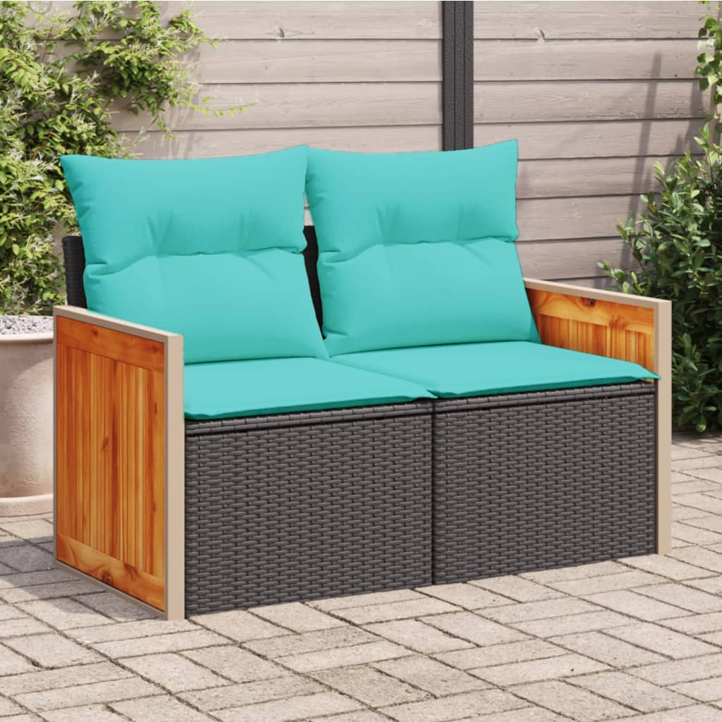Divano da giardino con cuscini 2 posti nero in polyrattan
