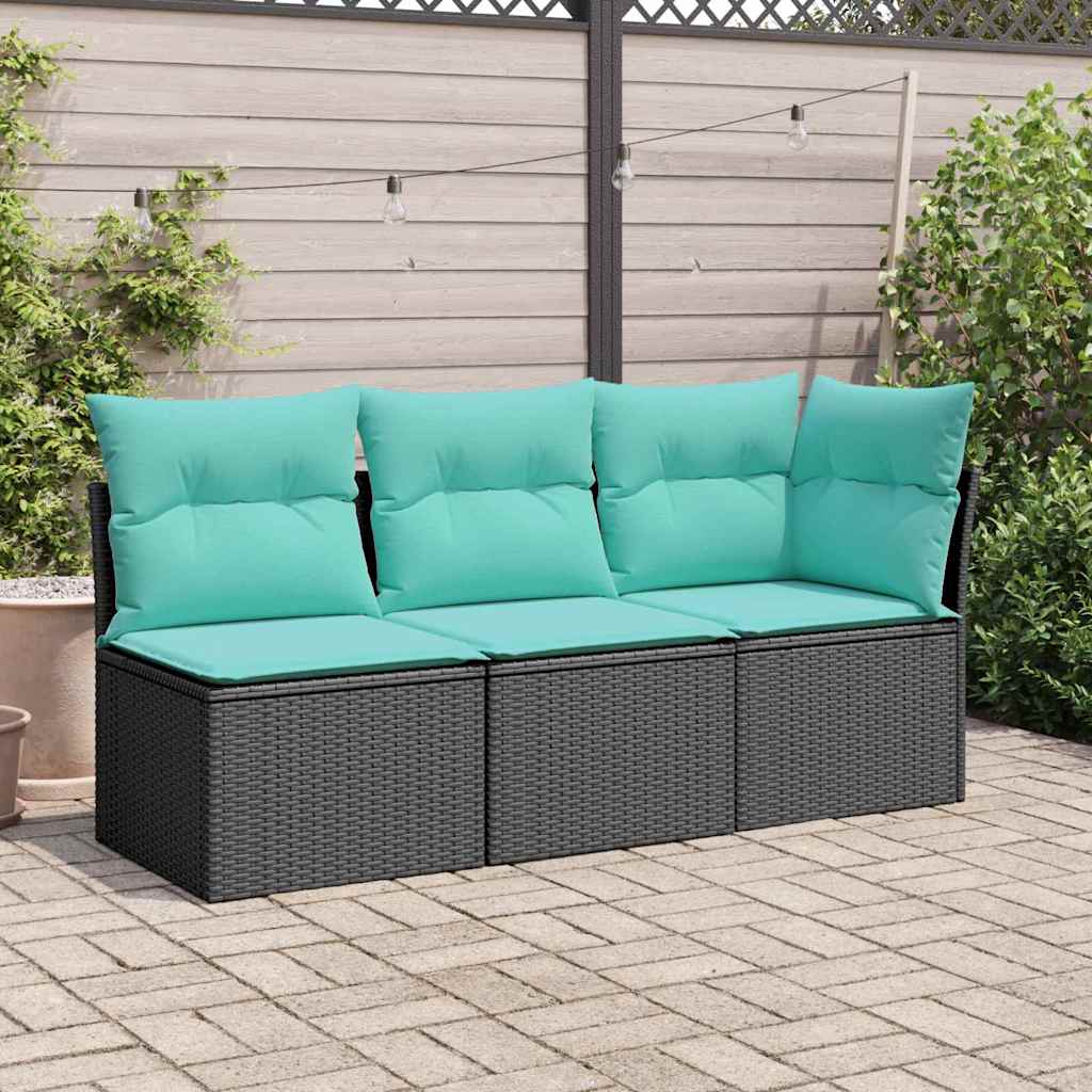 Divano da Giardino a 3 Posti con Cuscini Nero in Polyrattan