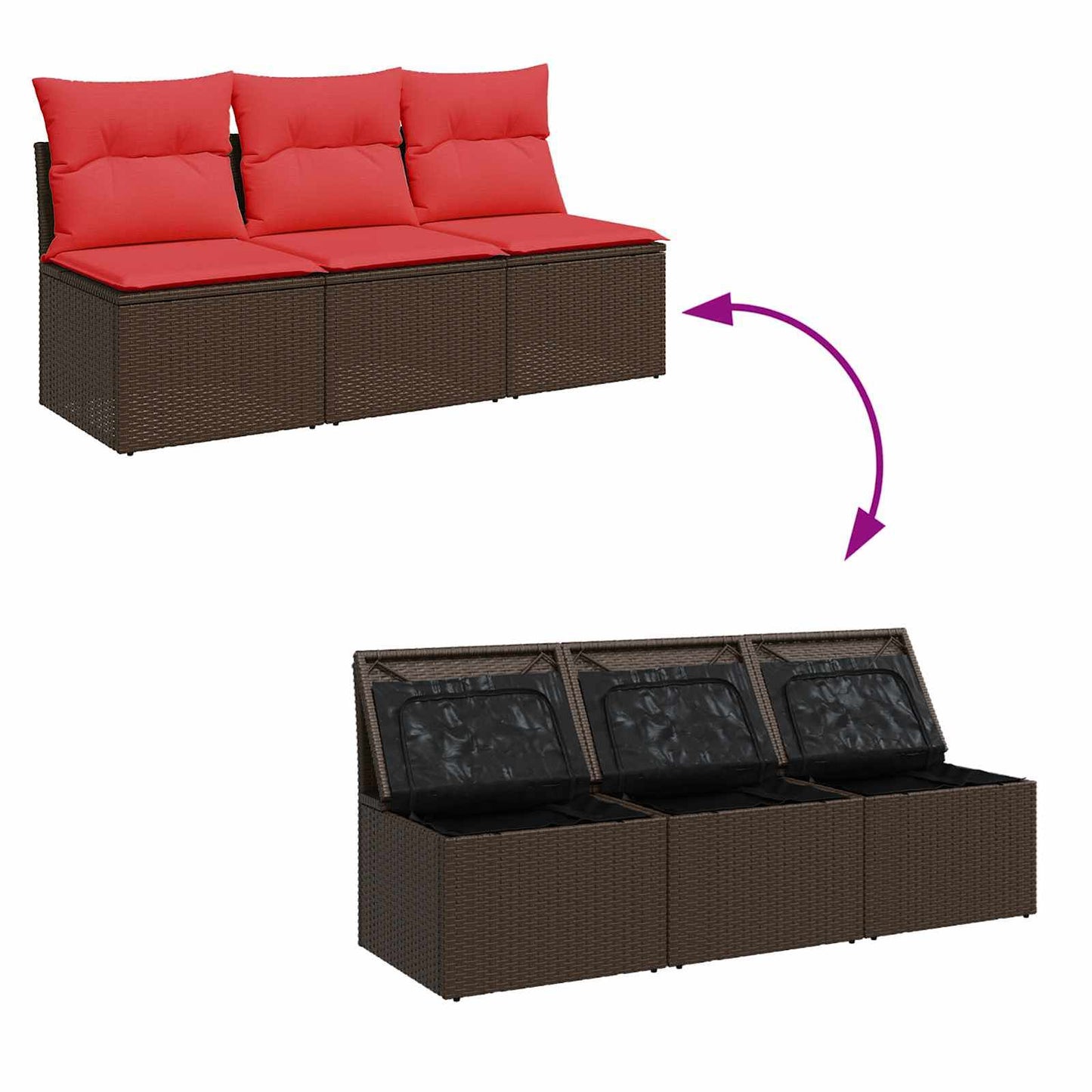 Divano da giardino con cuscini a 3 posti marrone in polyrattan