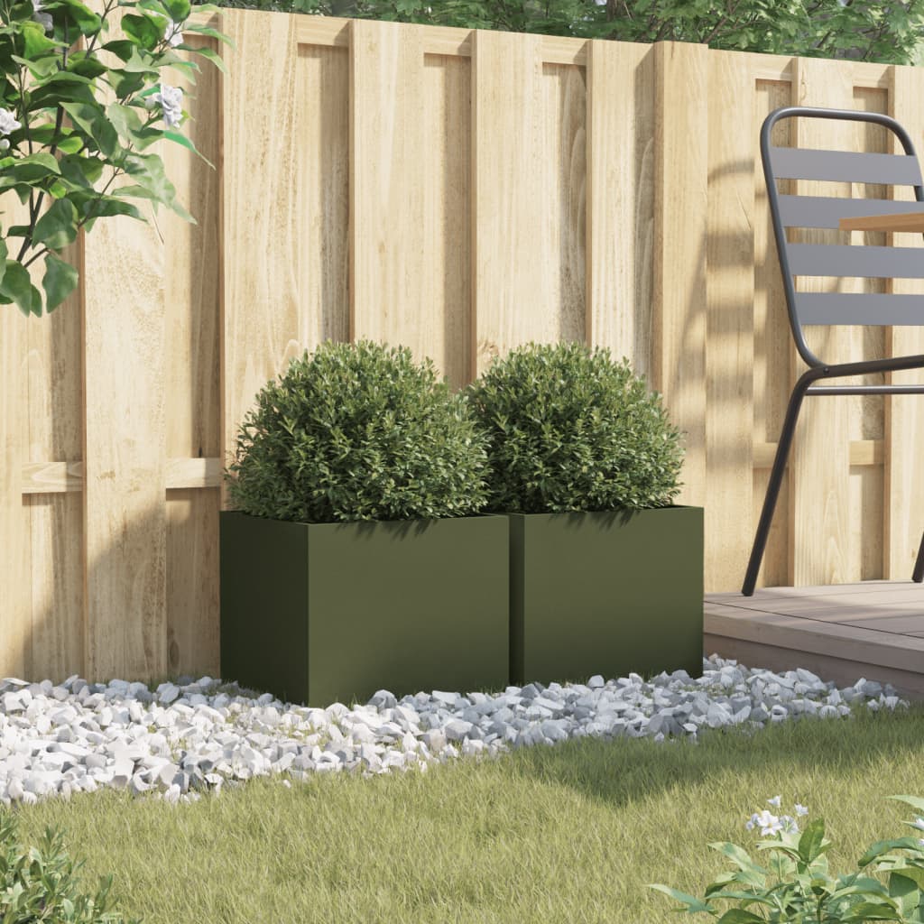 Fioriere da Giardino 2 pz Verde Oliva 32x30x29 cm in Acciaio